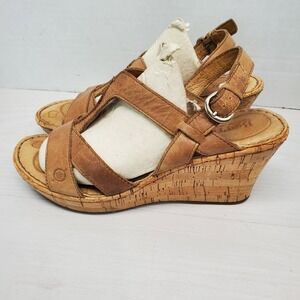Born Slingback Brown Cork Wedge Platform Leather Sandals Size 9 M Comfort‎ Boho